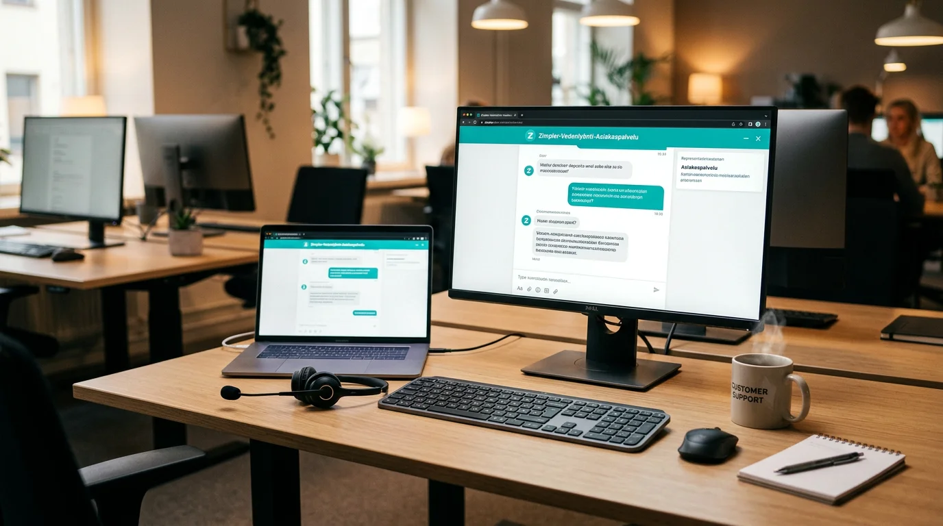 Asiakaspalvelijan työpöytä tietokonenäytöllä, jossa näkyy live-chat-ikkuna ja kuulokkeet vieressä