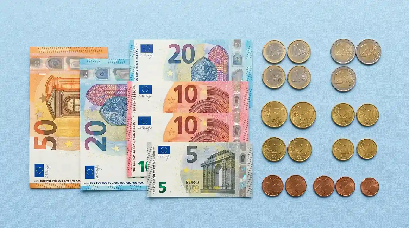 Eurokolikoita ja euroseteleitä siististi aseteltuna vaaleansiniselle taustalle